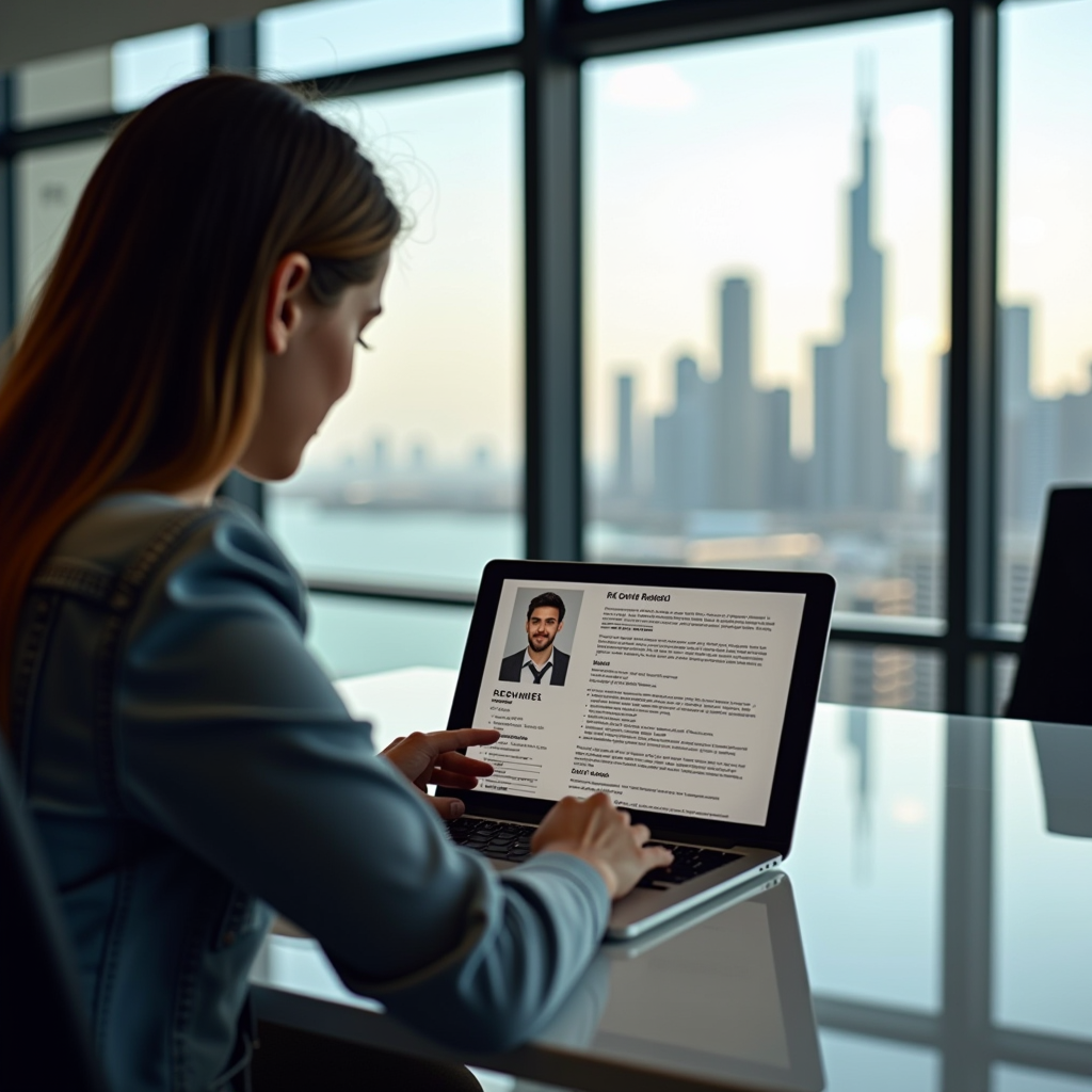 Young professional reviewing resume and job listings on laptop in modern Dubai office setting with city skyline visible through window