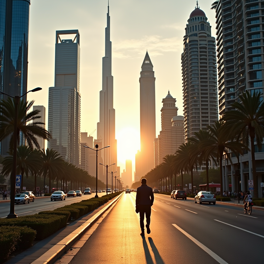 Panoramic view of Dubai's modern skyline with the Burj Khalifa prominently featured, young professionals in business attire walking along a palm-tree lined boulevard in the foreground, golden hour lighting casting warm tones across glass buildings