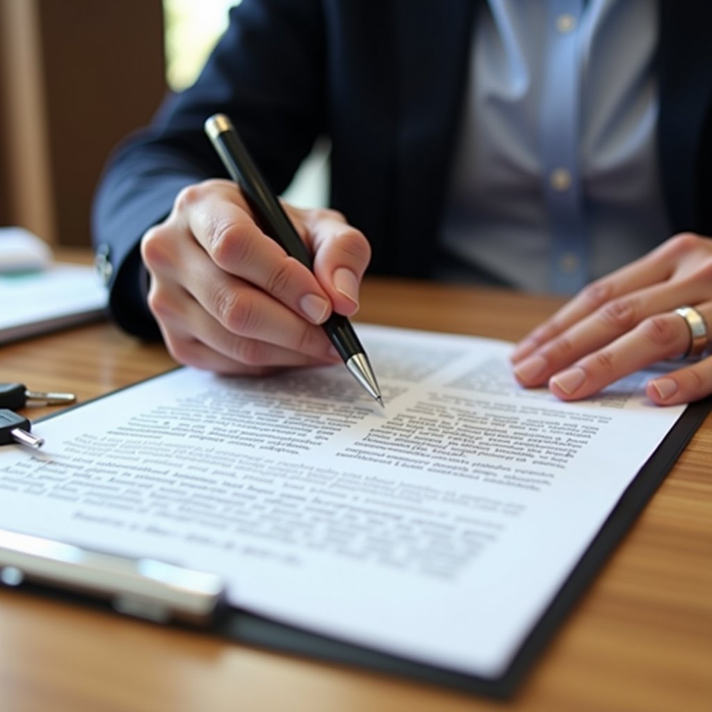 Close-up of hands signing rental agreement document on wooden desk with keys, pen, and Dubai property brochures, professional business setting