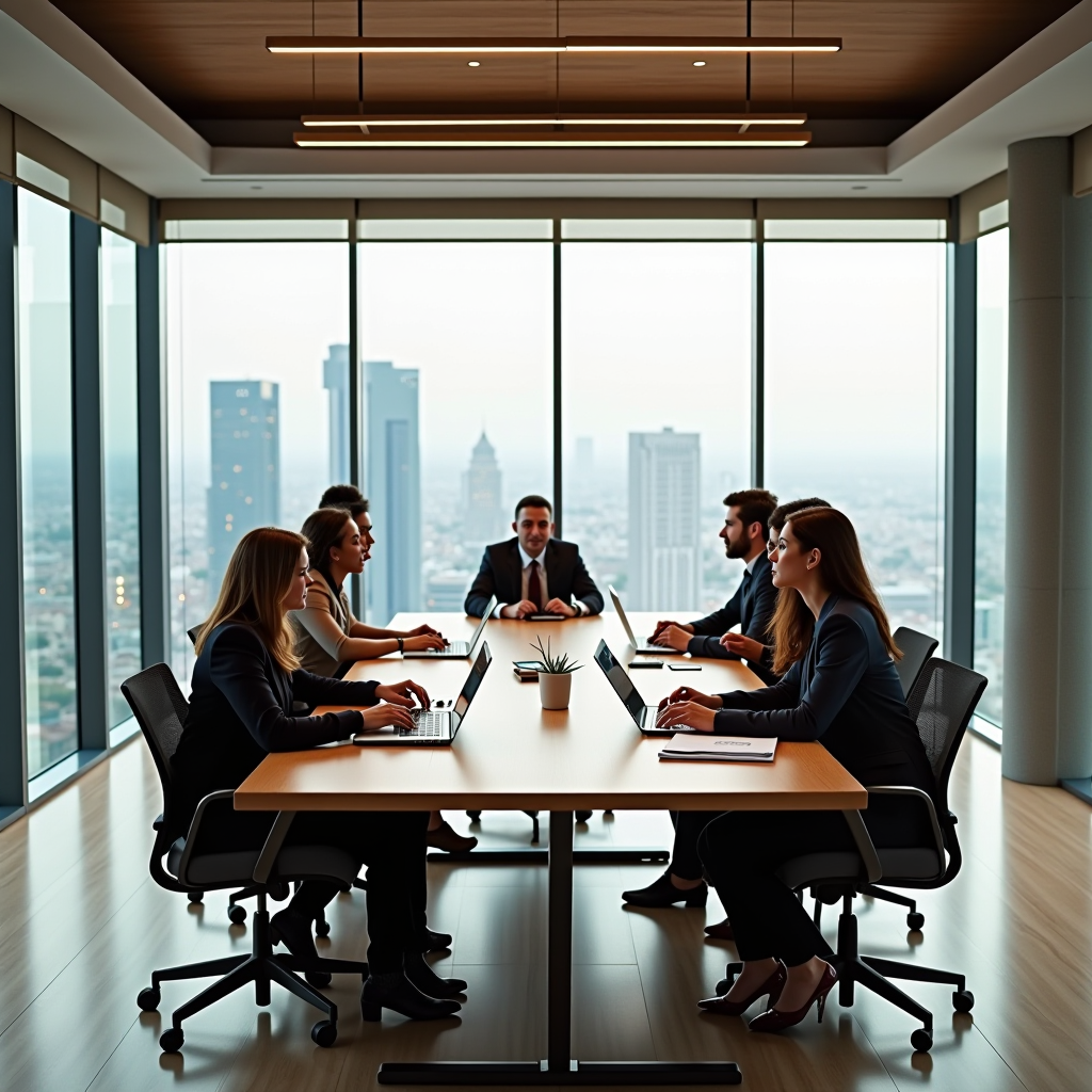 Contemporary open-plan office space in Dubai with floor-to-ceiling windows overlooking the city, diverse team of young professionals collaborating around a conference table with laptops and documents, natural light flooding the space with warm wooden accents