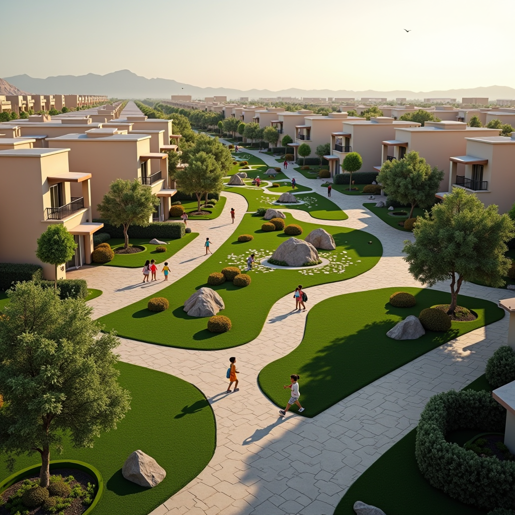 Aerial view of family-friendly Dubai neighborhood with villas, parks, playgrounds, and children playing in community green spaces