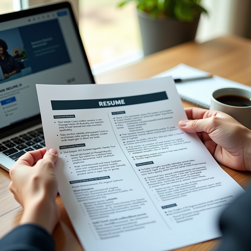 Close-up of hands reviewing a well-formatted resume document on a wooden desk, laptop showing LinkedIn profile in background, coffee cup and notepad with pen nearby, soft natural lighting creating professional atmosphere