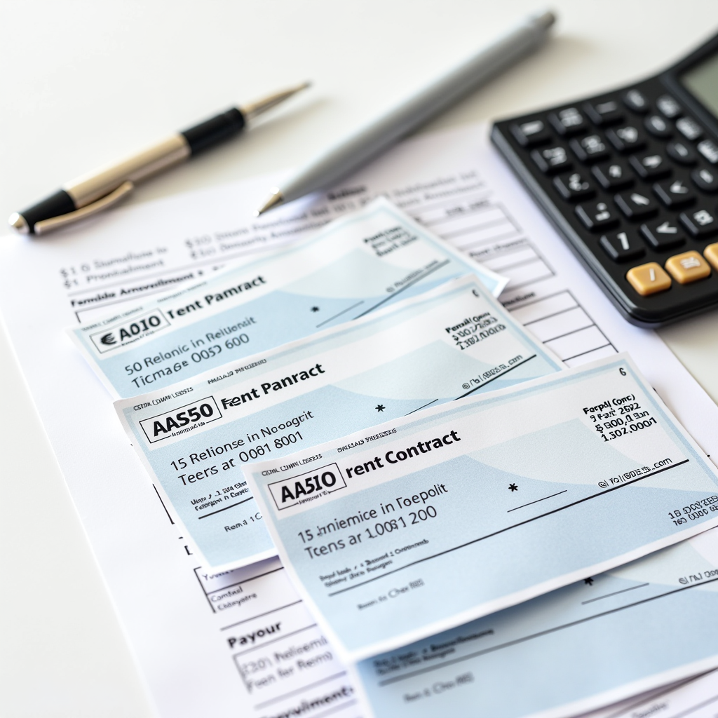 Post-dated cheques arranged on rental contract document with calculator and pen, illustrating the payment structure for Dubai residential tenancy agreements including security deposit and rent installments