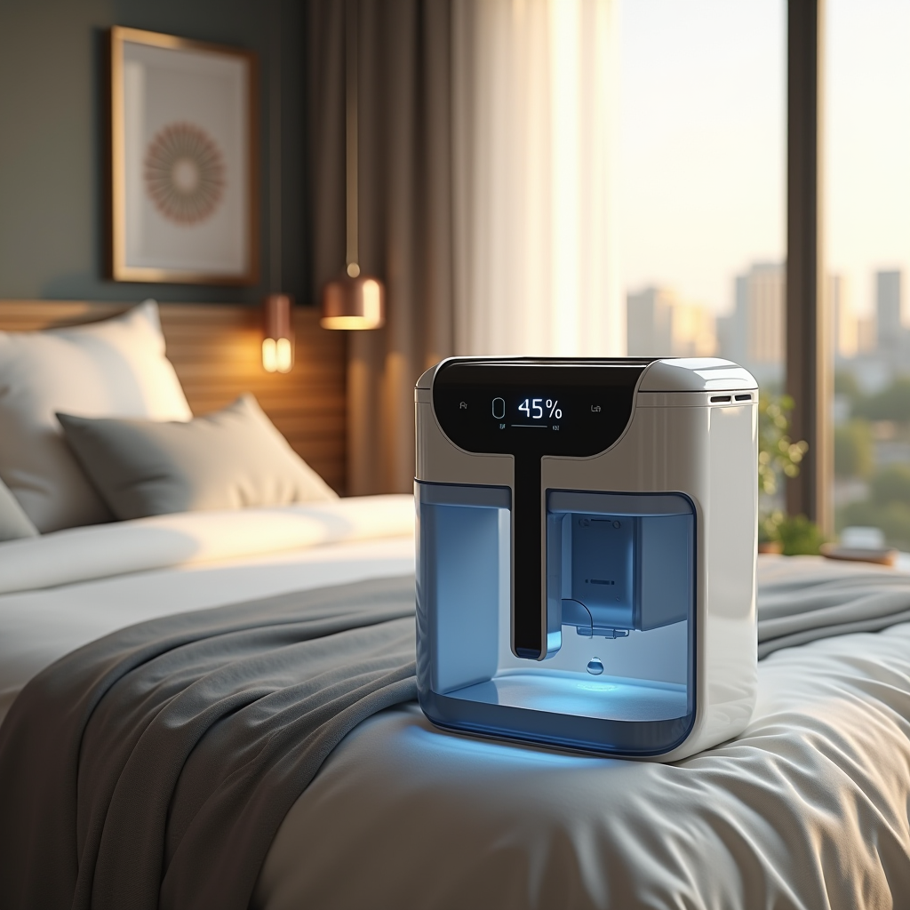 Compact portable dehumidifier operating in Dubai bedroom with water collection tank visible, showing humidity level display reading 45%