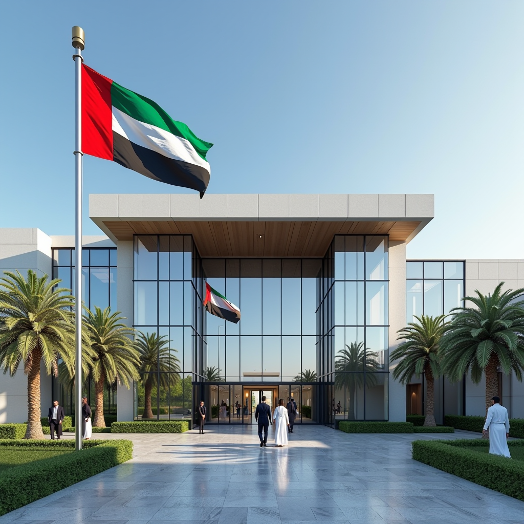 Modern government building exterior in Dubai with UAE flag, professional individuals entering and exiting the building, contemporary architecture with glass and steel elements, clear blue sky and palm trees in landscaping
