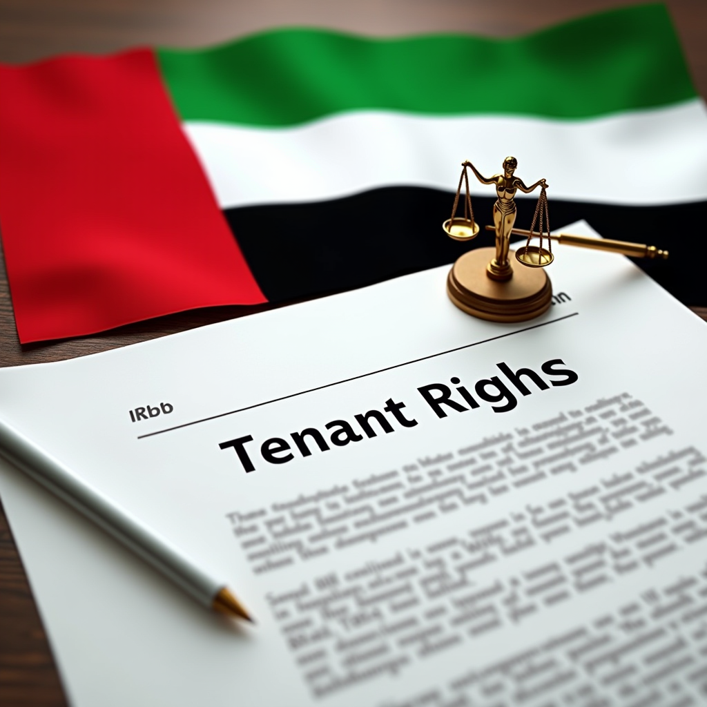 Legal document outlining tenant rights in Dubai with UAE flag and scales of justice symbol, representing the comprehensive legal protections available to residential tenants under RERA regulations