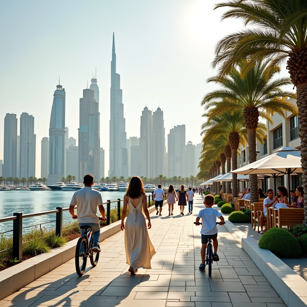 Dubai Marina waterfront promenade with families walking along the marina, children on bicycles, modern skyscrapers in background, and outdoor cafes with family-friendly atmosphere