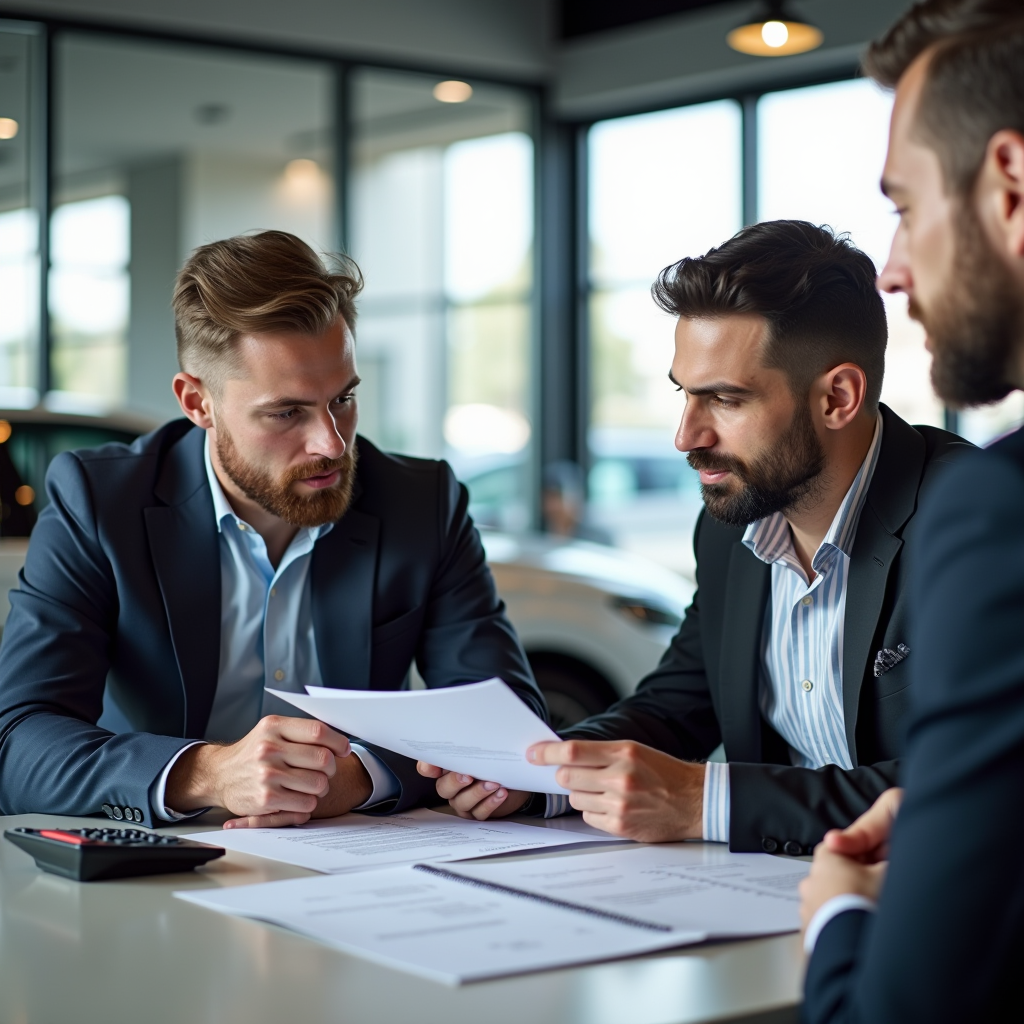 Professional buyer negotiating used car price with dealer in Dubai showroom, both reviewing documents and vehicle specifications, calculator and paperwork visible on desk