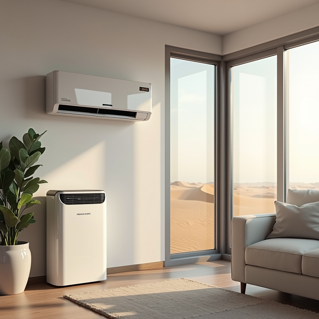 Modern Dubai apartment interior with energy-efficient air conditioning unit, dehumidifier, and water purifier displayed in living room with desert view