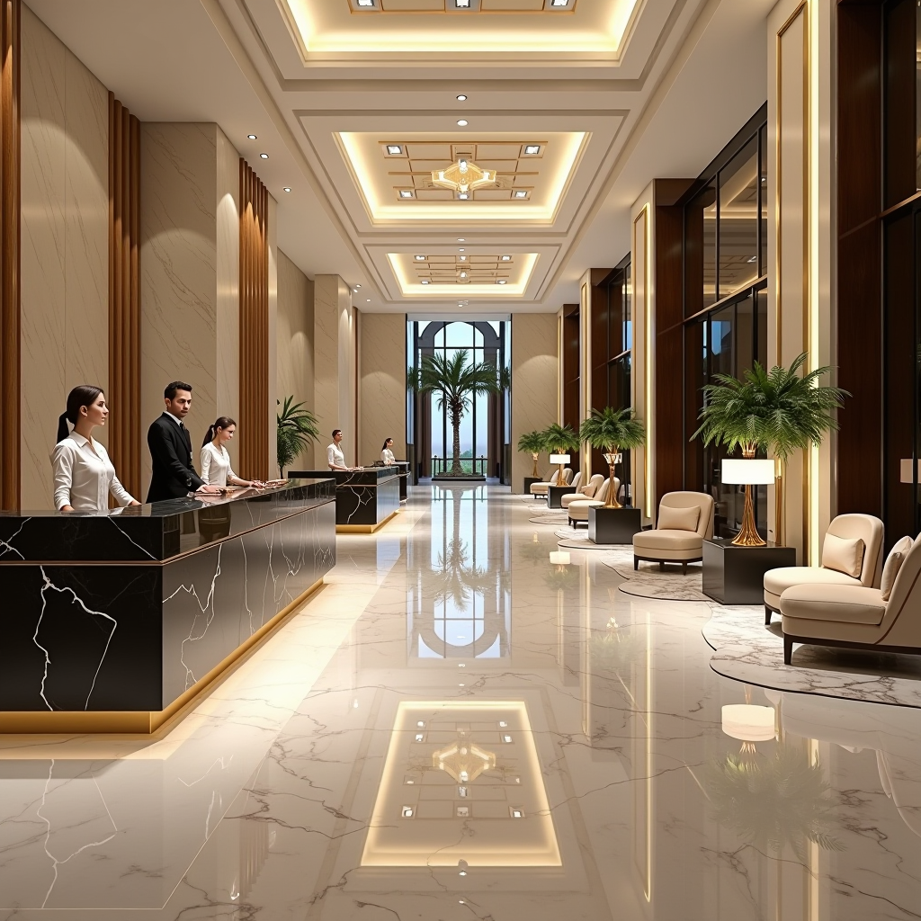 Elegant five-star hotel lobby in Dubai with marble floors and high ceilings, professional staff in uniform assisting guests at reception desk, modern Arabian-inspired decor with gold accents and contemporary furniture, ambient lighting creating welcoming atmosphere