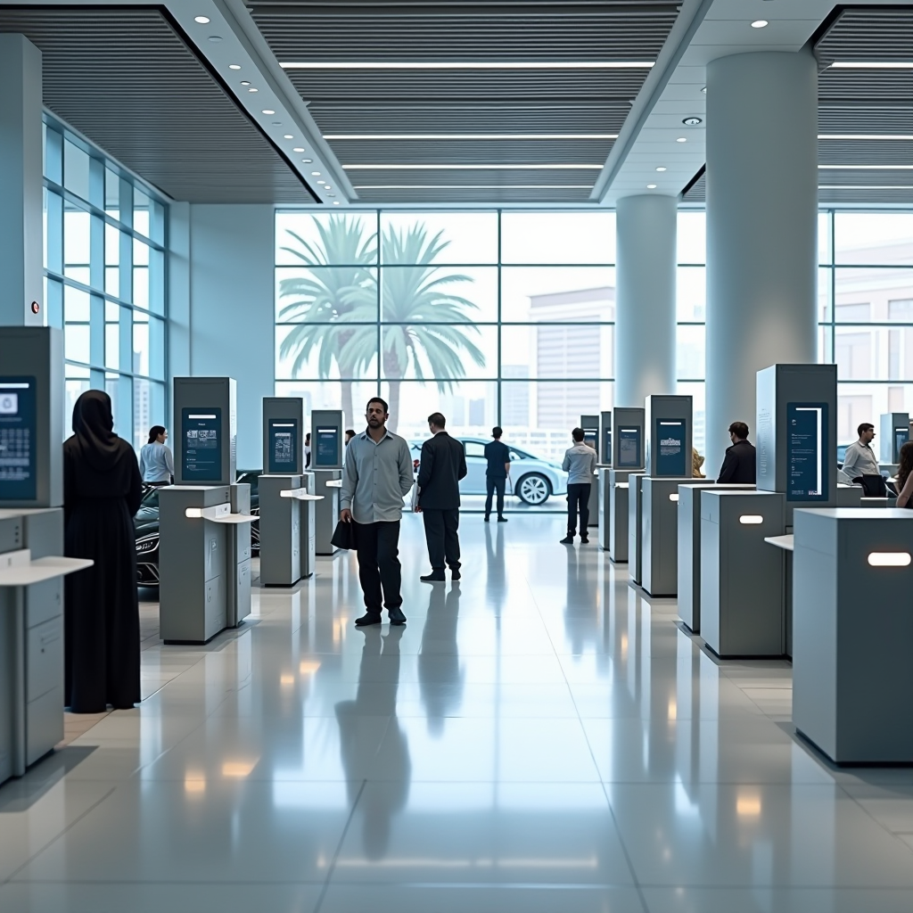 Modern RTA customer service center in Dubai with digital kiosks, service counters, and customers completing vehicle registration and transfer procedures, clean professional environment