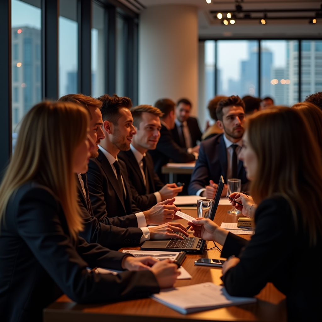 Business networking event in modern Dubai venue, diverse group of professionals exchanging business cards and conversing, contemporary interior with city views through windows, professional attire and warm lighting creating engaging atmosphere