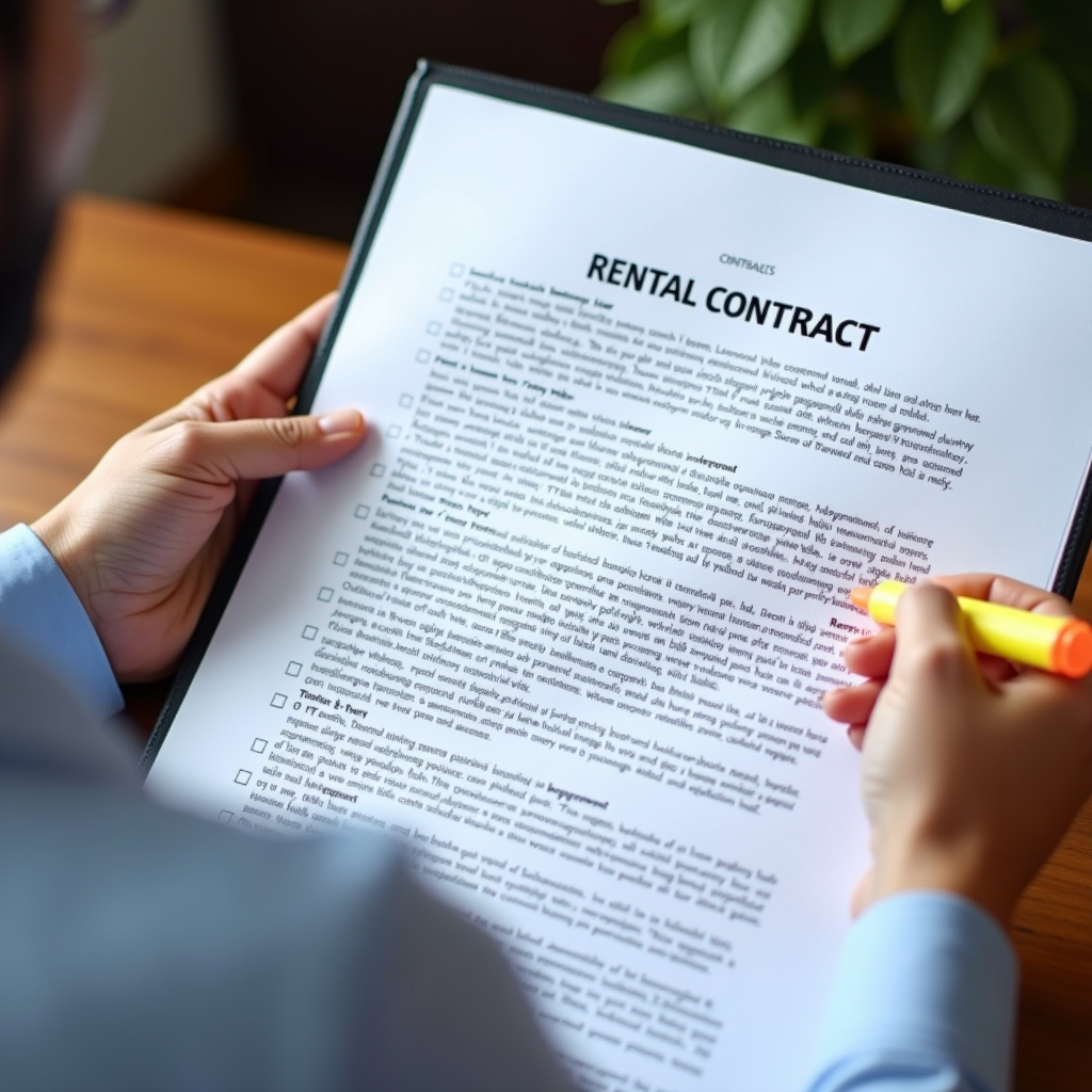 Person reviewing rental contract with checklist and highlighter, marking important clauses and terms, representing the careful examination tenants should conduct before signing Dubai rental agreements