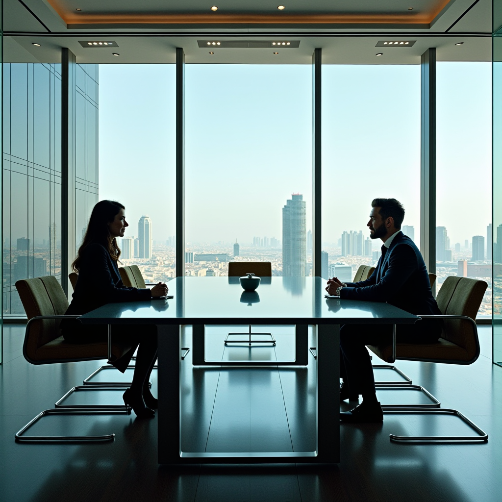 Modern office interview room in Dubai with glass walls, two professionals conducting interview across polished conference table, city skyline visible through windows, professional business attire, natural lighting and contemporary furniture creating formal yet welcoming environment