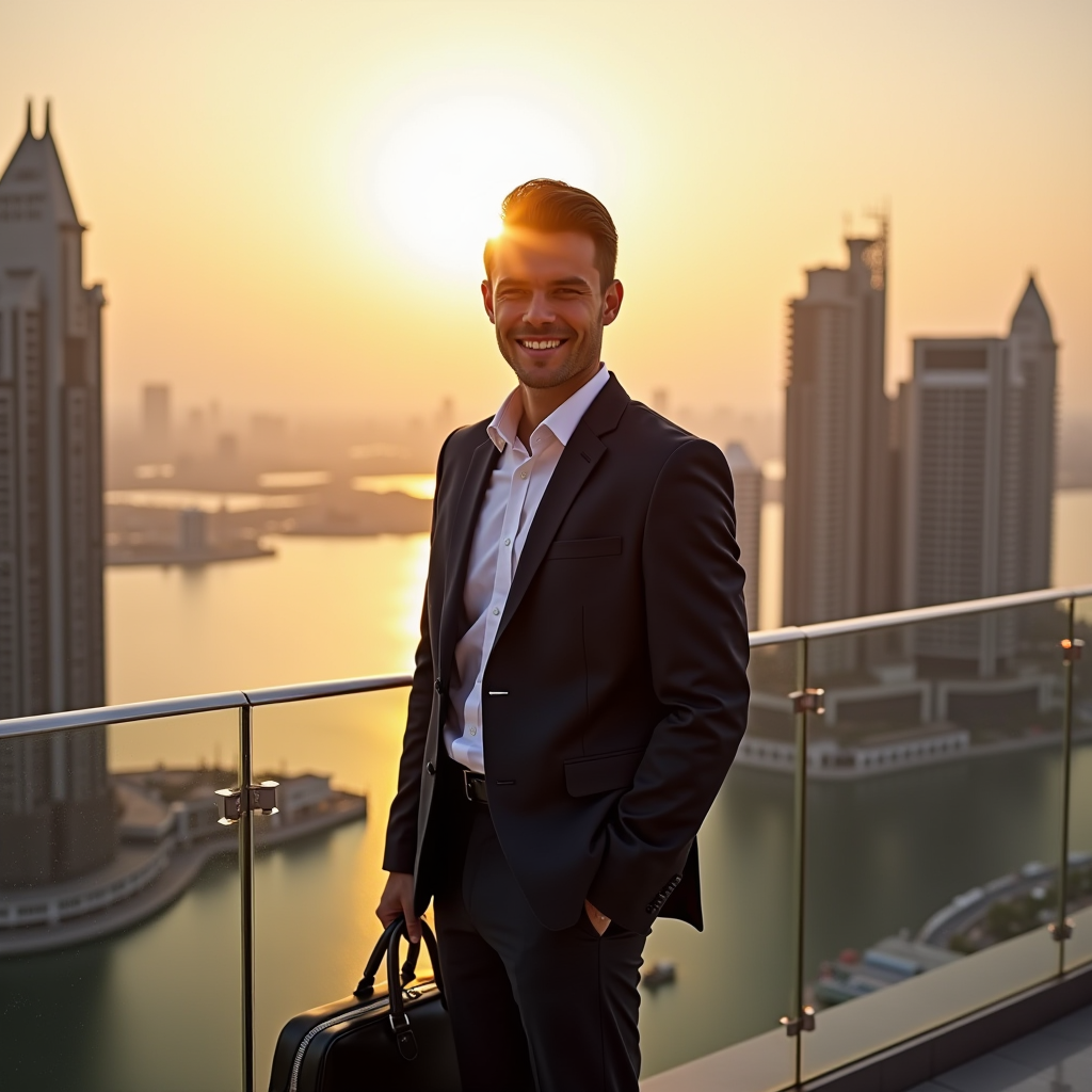 Young professional standing confidently on outdoor terrace overlooking Dubai Marina at sunset, modern skyscrapers and waterfront in background, business attire with laptop bag, warm golden hour lighting symbolizing achievement and new beginnings